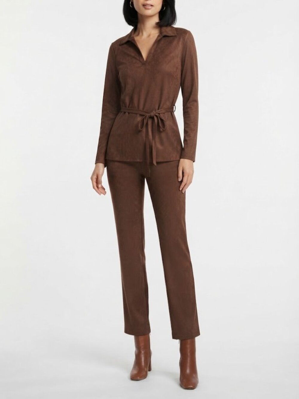 Max Studio Brown Faux Suede Matching Top & Pants Set Small Boho Retro